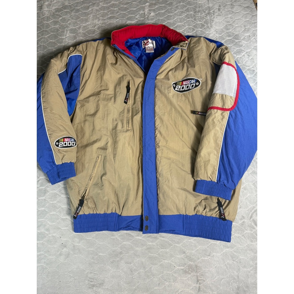 Vintage NASCAR 2000 Chase Authentics Puffer Jacket Tan Blue Mens Medium RN 93965